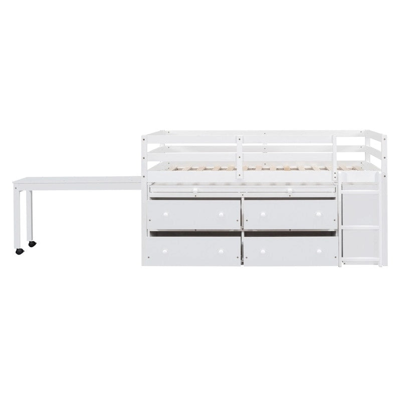Cama alta baja individual/matrimonial con escritorio retráctil y 4 cajones, base de cama alta de madera con escritorio portátil lateral y estantes
