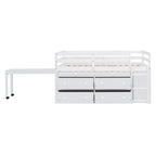 Cama alta baja individual/matrimonial con escritorio retráctil y 4 cajones, base de cama alta de madera con escritorio portátil lateral y estantes