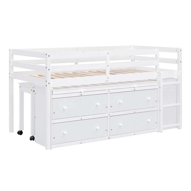 Cama alta baja individual/matrimonial con escritorio retráctil y 4 cajones, base de cama alta de madera con escritorio portátil lateral y estantes