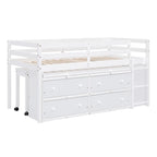 Cama alta baja individual/matrimonial con escritorio retráctil y 4 cajones, base de cama alta de madera con escritorio portátil lateral y estantes