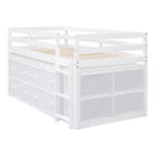 Cama alta baja individual/matrimonial con escritorio retráctil y 4 cajones, base de cama alta de madera con escritorio portátil lateral y estantes