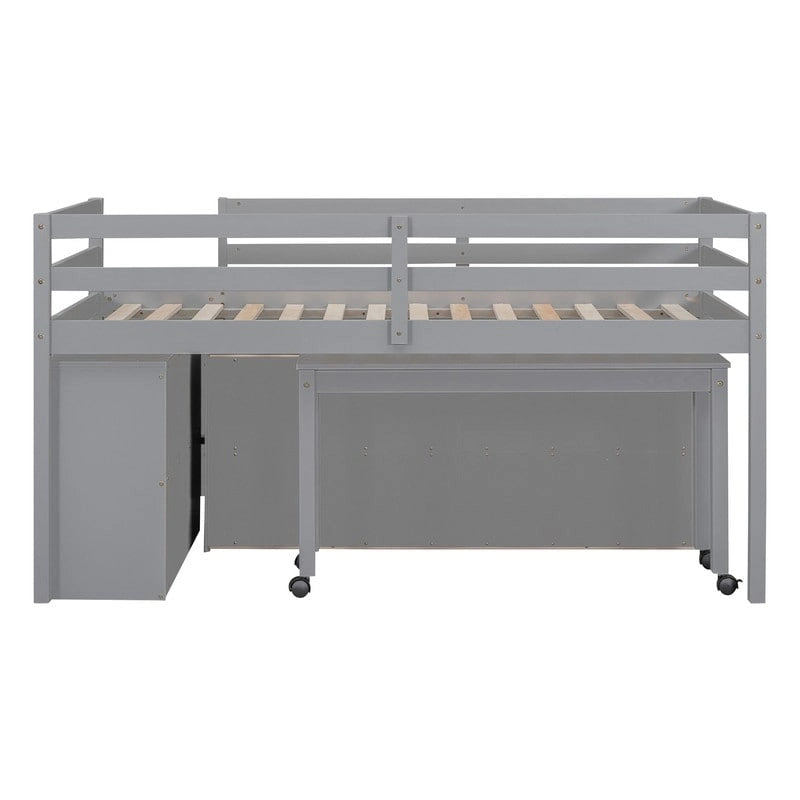 Cama alta baja individual/matrimonial con escritorio retráctil y 4 cajones, base de cama alta de madera con escritorio portátil lateral y estantes