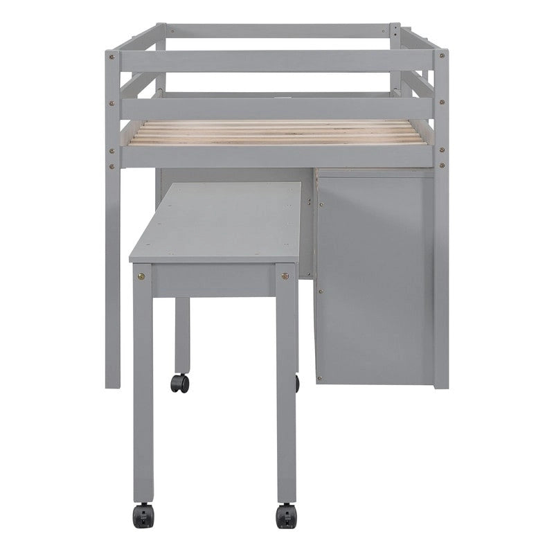 Cama alta baja individual/matrimonial con escritorio retráctil y 4 cajones, base de cama alta de madera con escritorio portátil lateral y estantes