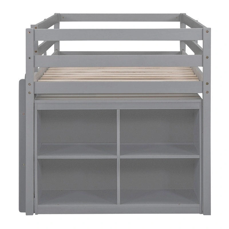 Cama alta baja individual/matrimonial con escritorio retráctil y 4 cajones, base de cama alta de madera con escritorio portátil lateral y estantes