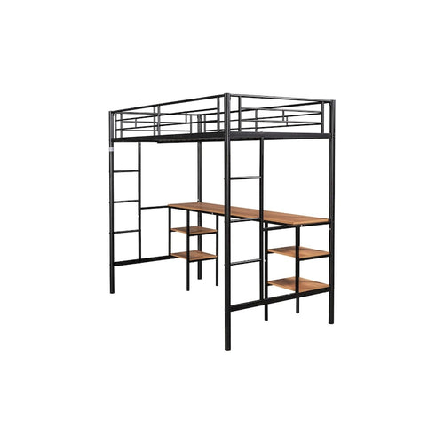 Cama alta de metal negro con mesa, ahorra espacio
