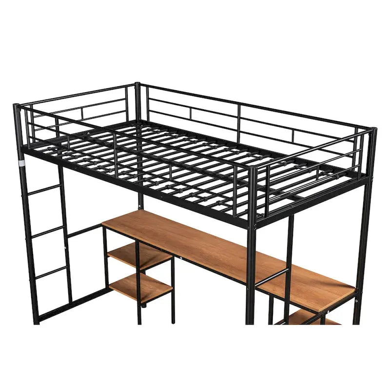 Cama alta de metal negro con mesa, ahorra espacio
