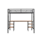 Cama alta de metal negro con mesa, ahorra espacio