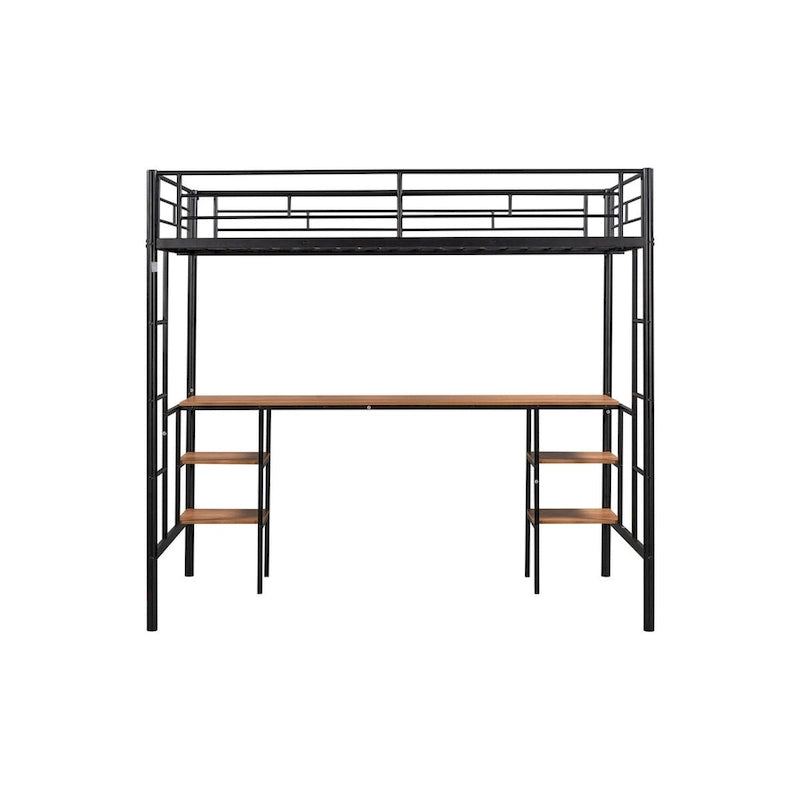 Cama alta de metal negro con mesa, ahorra espacio