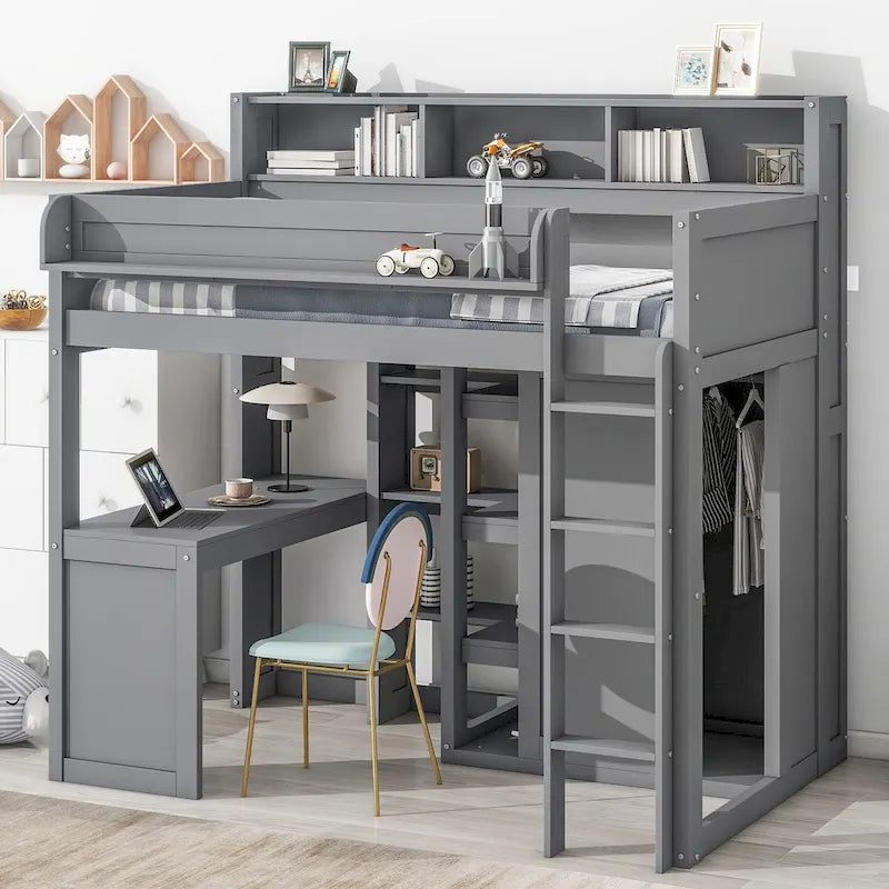 Cama tipo loft de madera tamaño twin con estantes de almacenamiento múltiples y armario