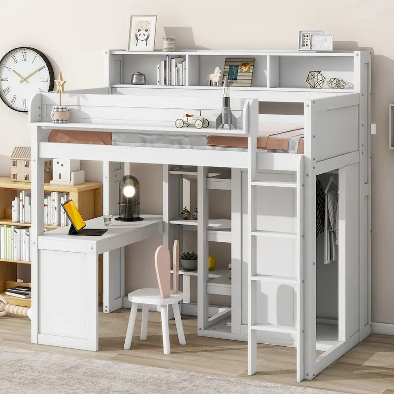 Cama tipo loft de madera tamaño twin con estantes de almacenamiento múltiples y armario