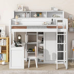 Cama tipo loft de madera tamaño twin con estantes de almacenamiento múltiples y armario