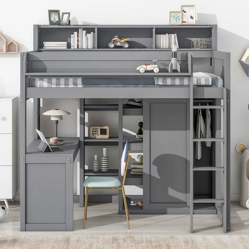 Cama tipo loft de madera tamaño twin con estantes de almacenamiento múltiples y armario