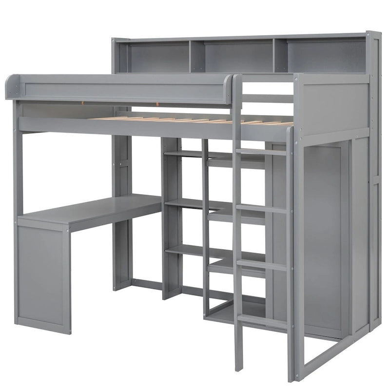 Cama tipo loft de madera tamaño twin con estantes de almacenamiento múltiples y armario