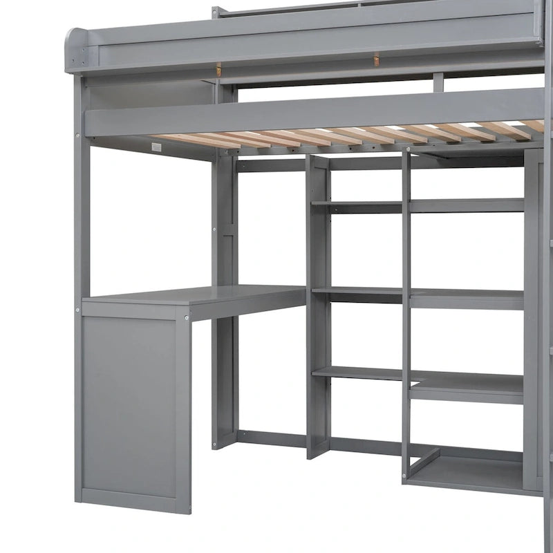 Cama tipo loft de madera tamaño twin con estantes de almacenamiento múltiples y armario