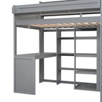 Cama tipo loft de madera tamaño twin con estantes de almacenamiento múltiples y armario