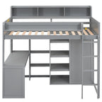 Cama tipo loft de madera tamaño twin con estantes de almacenamiento múltiples y armario