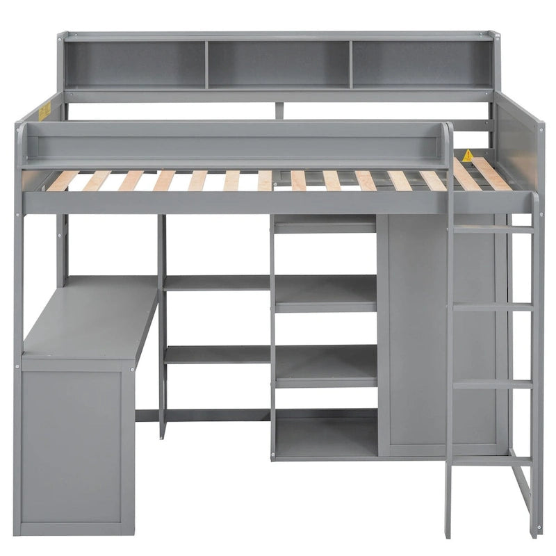 Cama tipo loft de madera tamaño twin con estantes de almacenamiento múltiples y armario