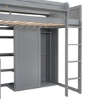 Cama tipo loft de madera tamaño twin con estantes de almacenamiento múltiples y armario