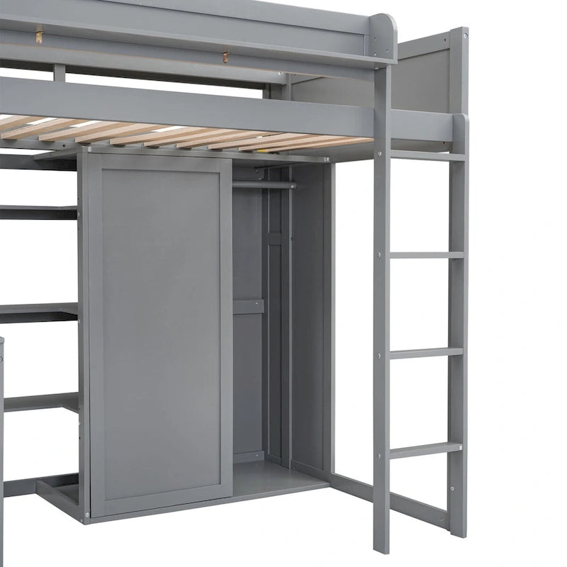Cama tipo loft de madera tamaño twin con estantes de almacenamiento múltiples y armario