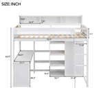 Cama tipo loft de madera tamaño twin con estantes de almacenamiento múltiples y armario