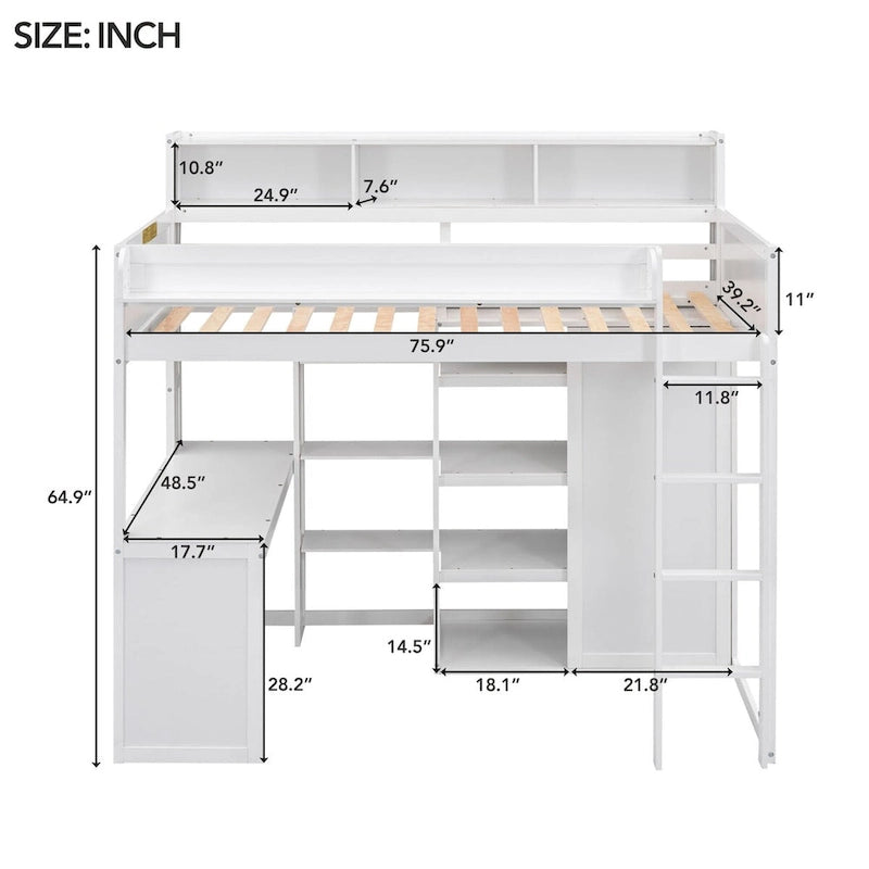 Cama tipo loft de madera tamaño twin con estantes de almacenamiento múltiples y armario