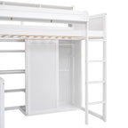 Cama tipo loft de madera tamaño twin con estantes de almacenamiento múltiples y armario
