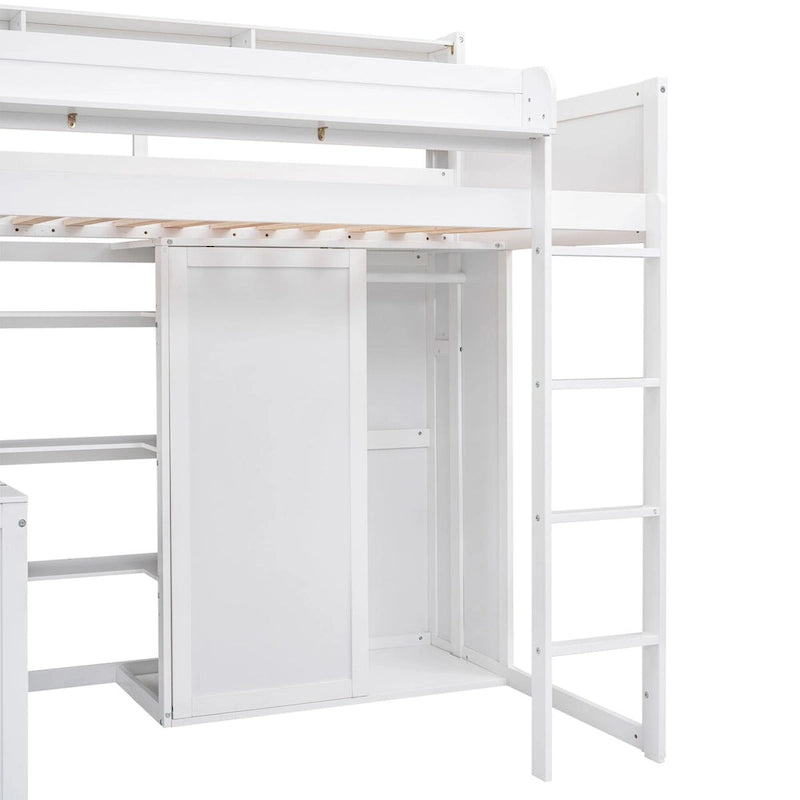 Cama tipo loft de madera tamaño twin con estantes de almacenamiento múltiples y armario