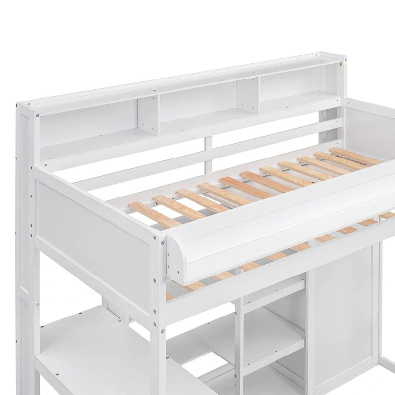 Cama tipo loft de madera tamaño twin con estantes de almacenamiento múltiples y armario