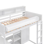 Cama tipo loft de madera tamaño twin con estantes de almacenamiento múltiples y armario