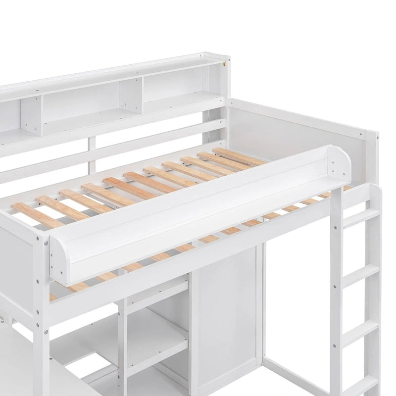Cama tipo loft de madera tamaño twin con estantes de almacenamiento múltiples y armario