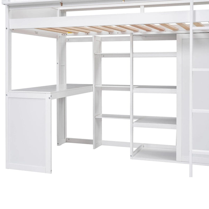 Cama tipo loft de madera tamaño twin con estantes de almacenamiento múltiples y armario
