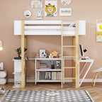 Twin Size Loft Bed with Foldable Desk, Wood Loft Bed Frame with Built-in Storage Cabinet and Cubes