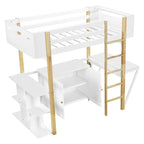 Cama alta individual con escritorio plegable, estructura de cama alta de madera con armario de almacenamiento y cubos incorporados