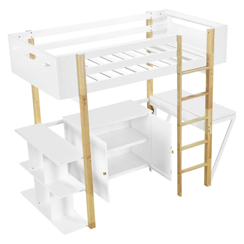 Cama alta individual con escritorio plegable, estructura de cama alta de madera con armario de almacenamiento y cubos incorporados