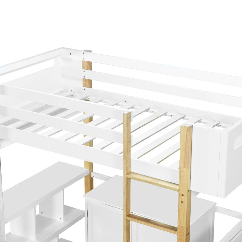 Cama alta individual con escritorio plegable, estructura de cama alta de madera con armario de almacenamiento y cubos incorporados