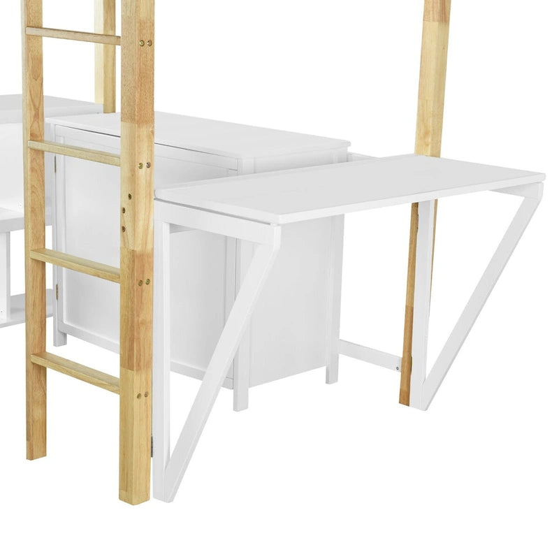 Cama alta individual con escritorio plegable, estructura de cama alta de madera con armario de almacenamiento y cubos incorporados