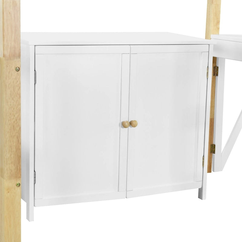 Cama alta individual con escritorio plegable, estructura de cama alta de madera con armario de almacenamiento y cubos incorporados