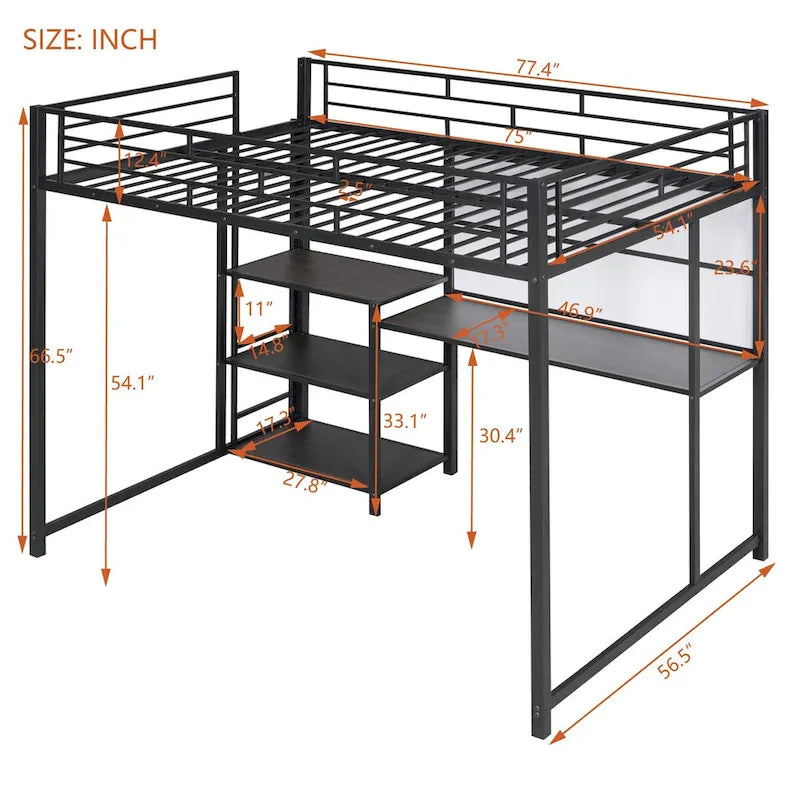 Cama alta de metal negro con escritorio, pizarra y 3 estantes, incluye escalera