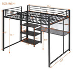 Cama alta de metal negro con escritorio, pizarra y 3 estantes, incluye escalera