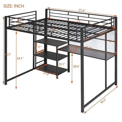 Cama alta de metal negro con escritorio, pizarra y 3 estantes, incluye escalera