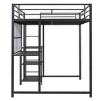 Cama alta de metal negro con escritorio, pizarra y 3 estantes, incluye escalera