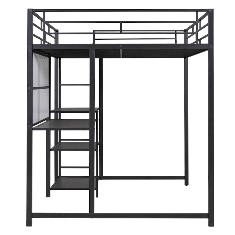 Cama alta de metal negro con escritorio, pizarra y 3 estantes, incluye escalera