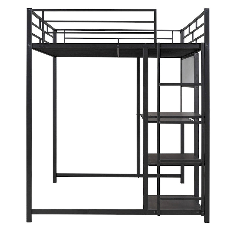 Cama alta de metal negro con escritorio, pizarra y 3 estantes, incluye escalera