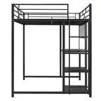 Cama alta de metal negro con escritorio, pizarra y 3 estantes, incluye escalera