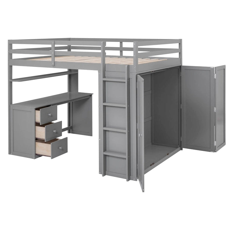 Cama alta de madera de tamaño completo con cajones integrados, escritorio y armario para una solución de almacenamiento completa