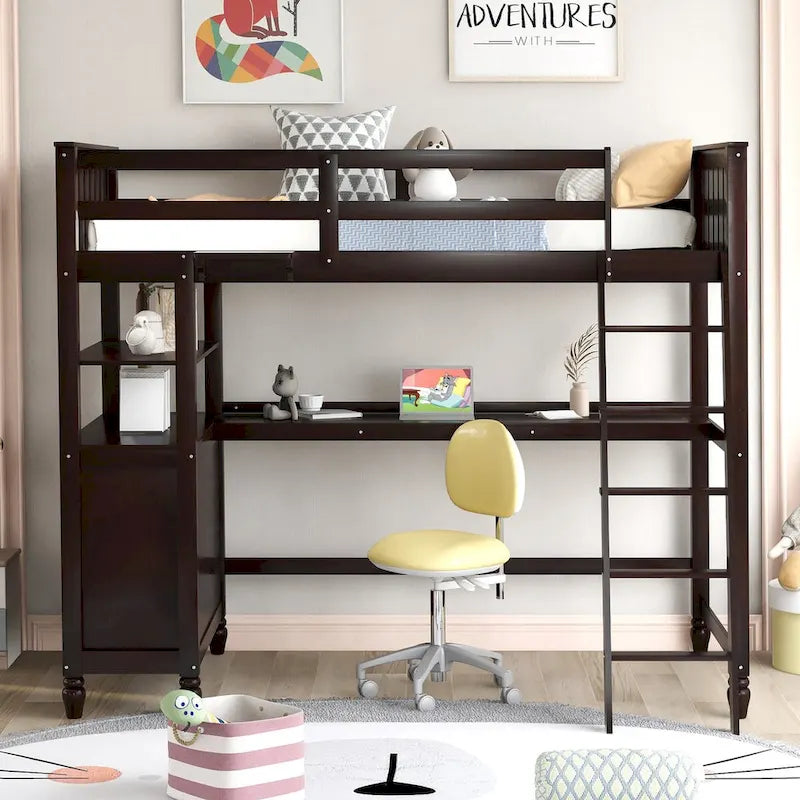 Solid Wood Twin Size Loft Bed with Drawers, Desk, and Shelves - Space-Saving Wooden Loft Bed - White/Grey/Black