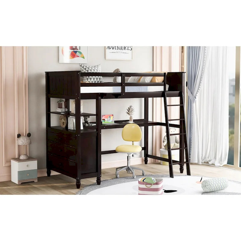 Cama alta individual de madera maciza con cajones, escritorio y estantes - Cama alta de madera que ahorra espacio - Blanca/Gris/Negra