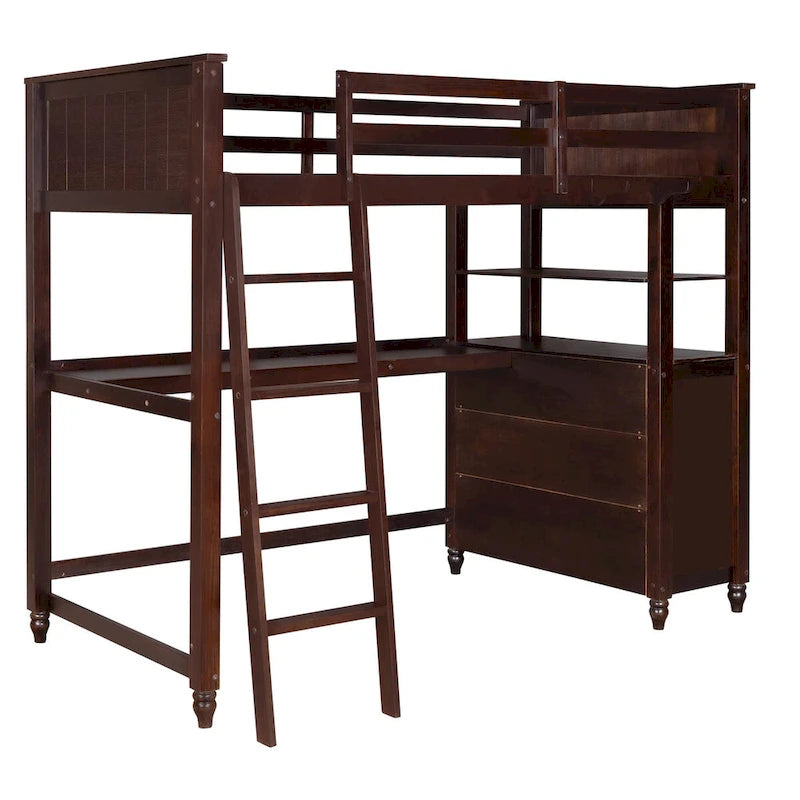 Cama alta individual de madera maciza con cajones, escritorio y estantes - Cama alta de madera que ahorra espacio - Blanca/Gris/Negra