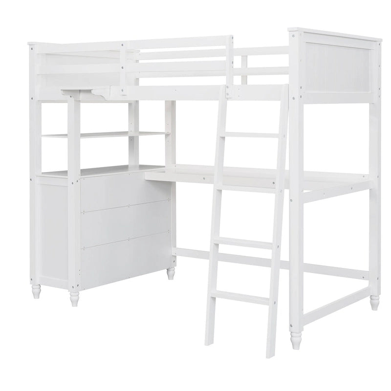 Cama alta individual de madera maciza con cajones, escritorio y estantes - Cama alta de madera que ahorra espacio - Blanca/Gris/Negra