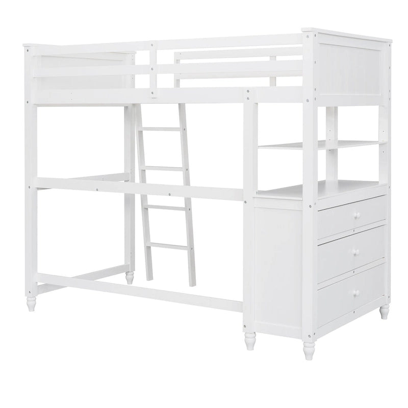 Cama alta individual de madera maciza con cajones, escritorio y estantes - Cama alta de madera que ahorra espacio - Blanca/Gris/Negra